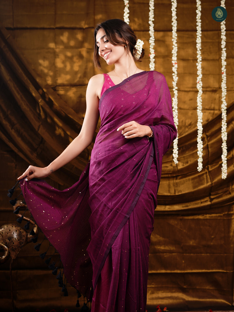 Orchid Purple Sequin Mul Cotton Saree