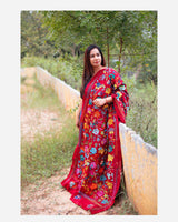 Woolen Handcrafted Kantha Shawl - Red - Design1