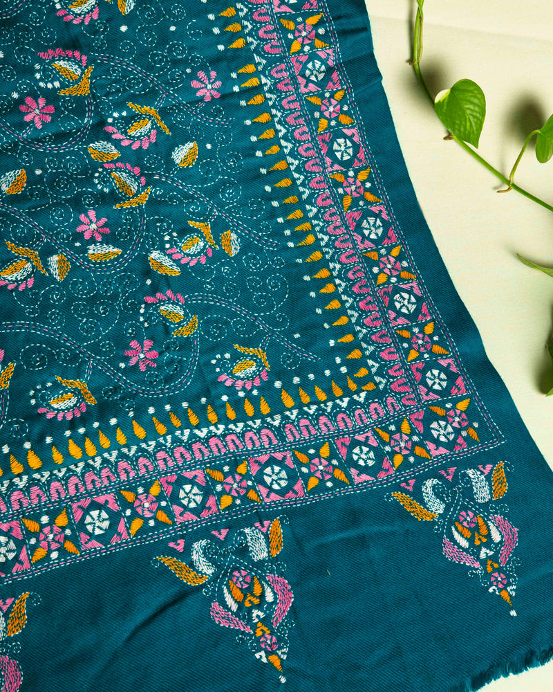 Woolen Handcrafted Kantha Shawl - Teal Blue