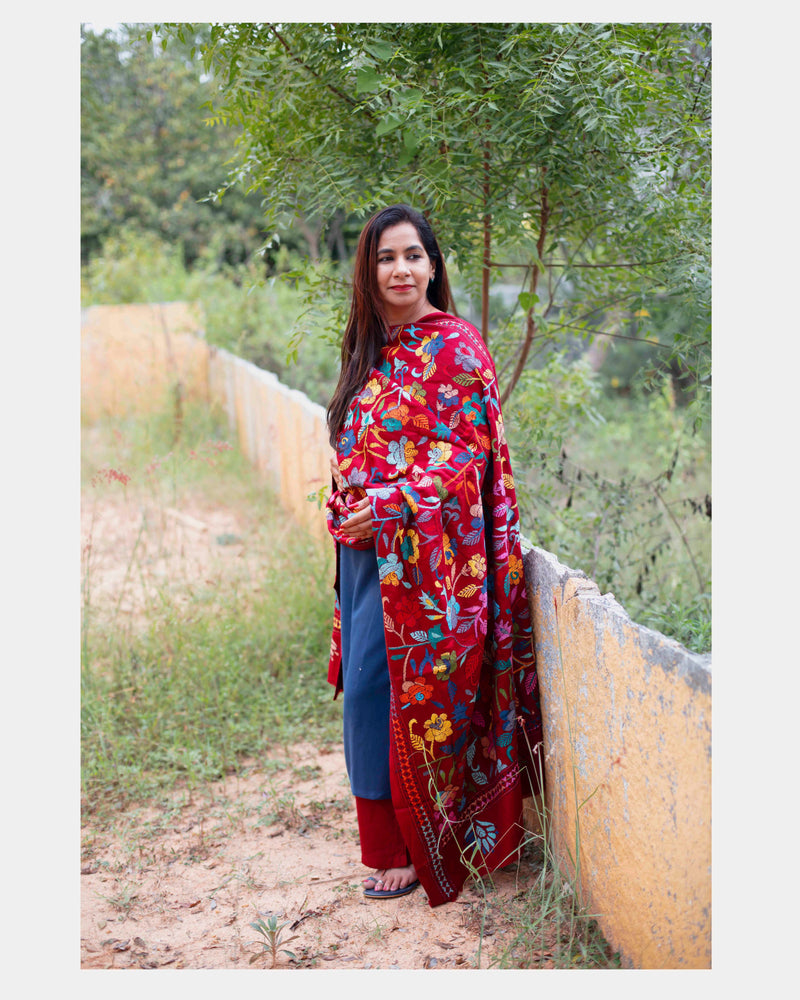 Woolen Handcrafted Kantha Shawl - Red - Design2