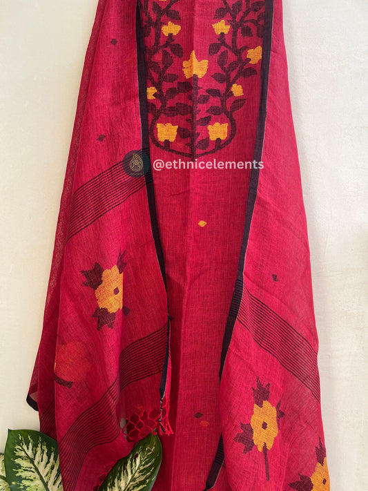 Hand Woven Linen Jamdani Suit Set- Electric Red
