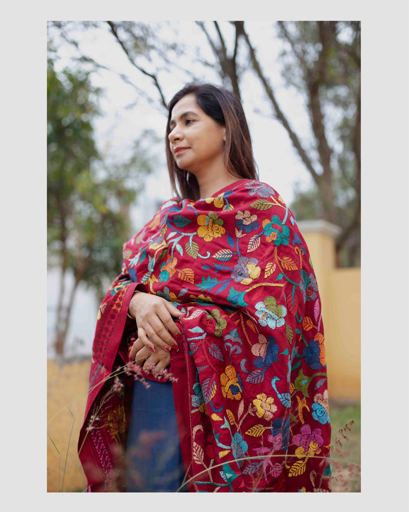 Woolen Handcrafted Kantha Shawl - Red - Design1