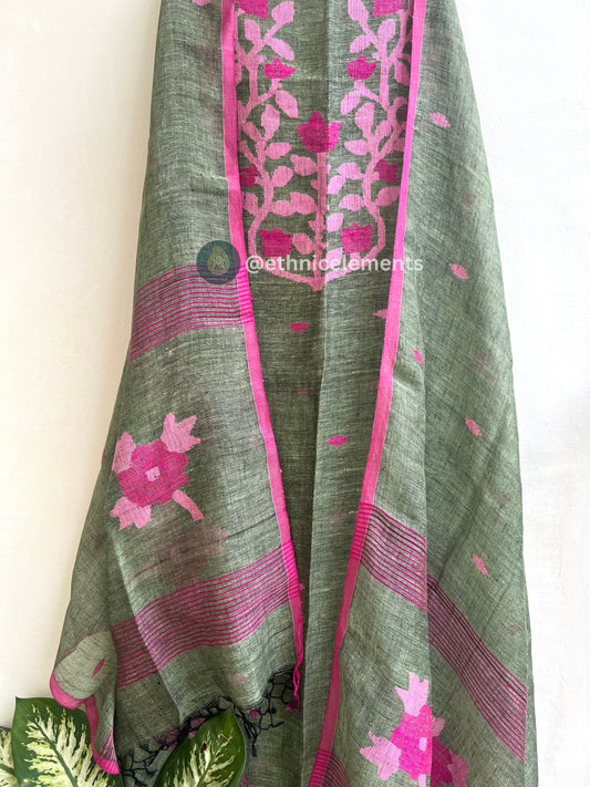 Hand Woven  Linen Jamdani Suit Set- Dried Grass