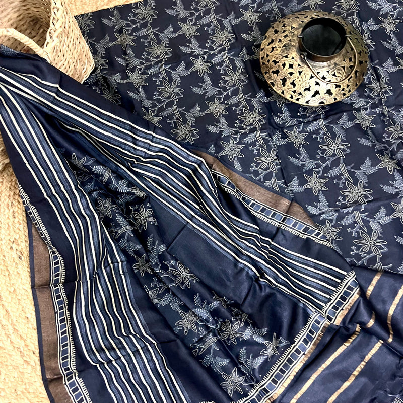 Muga Tussar Silk Suit Set- Ink Blue Design 2