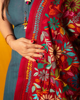 Woolen Handcrafted Kantha Shawl - Hibiscus Red