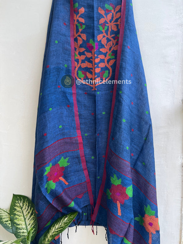 Hand Woven Linen Jamdani Suit Set- Blue