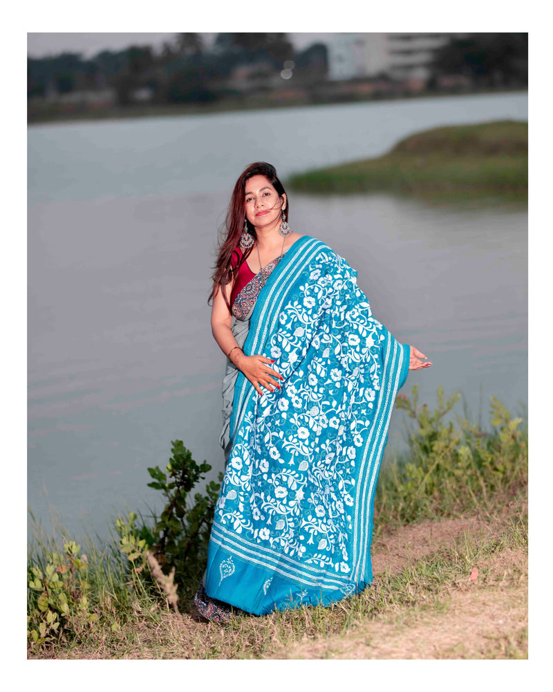 Woolen Handcrafted Kantha Shawl - Sky Blue