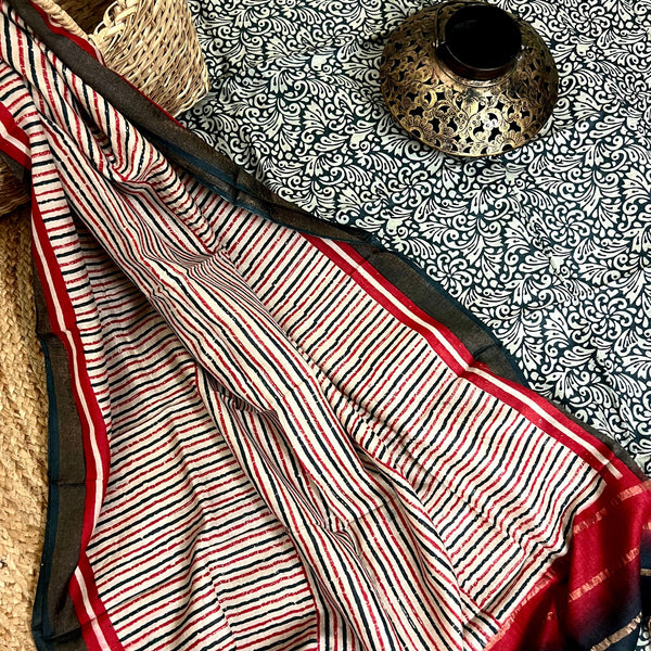 Muga Tussar Silk Suit Set- Red & Black