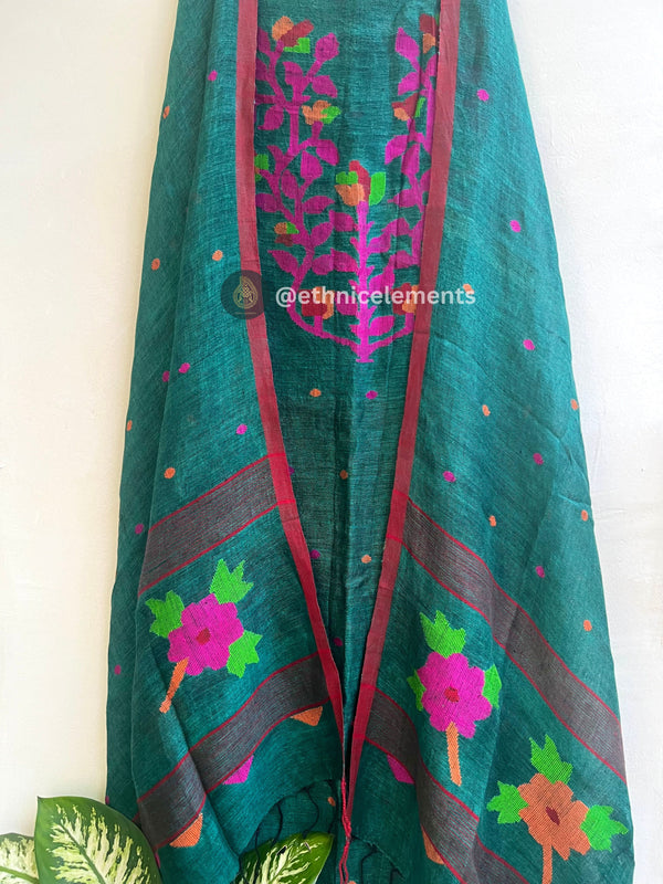Hand Woven  Linen Jamdani Suit Set- Teal