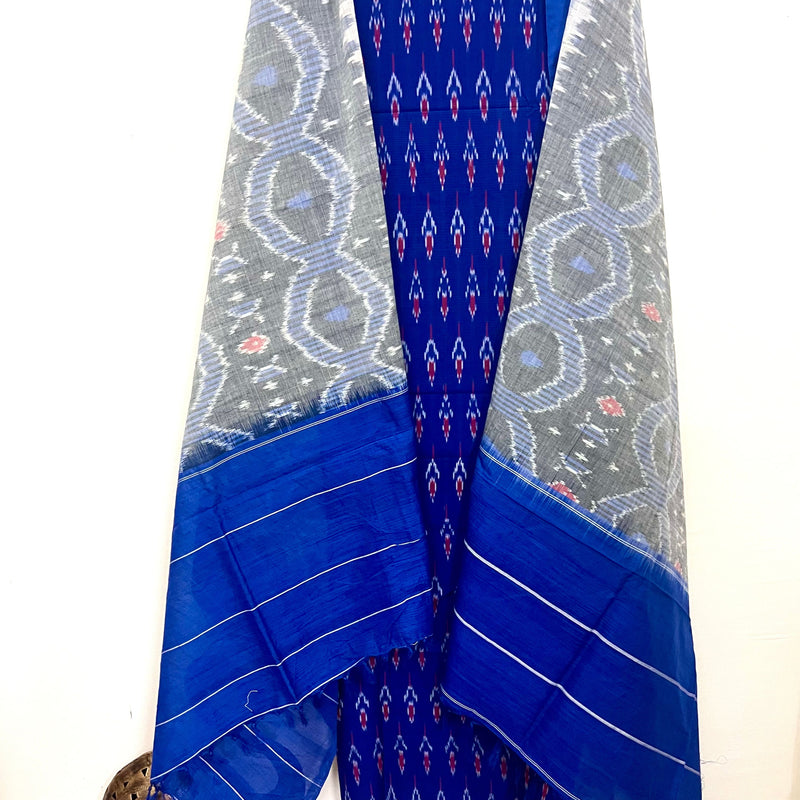 Woven Ikkat 3-Pcs Suit Set- Deep Blue With Grey Dupatta
