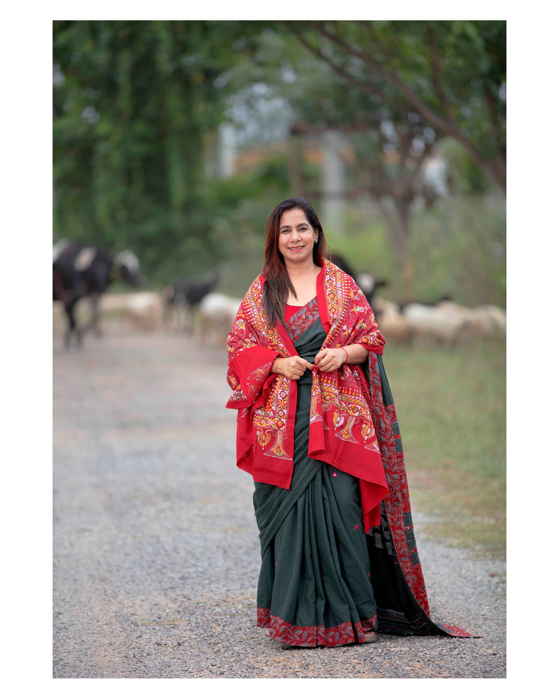 Woolen Handcrafted Kantha Shawl - Bright Red