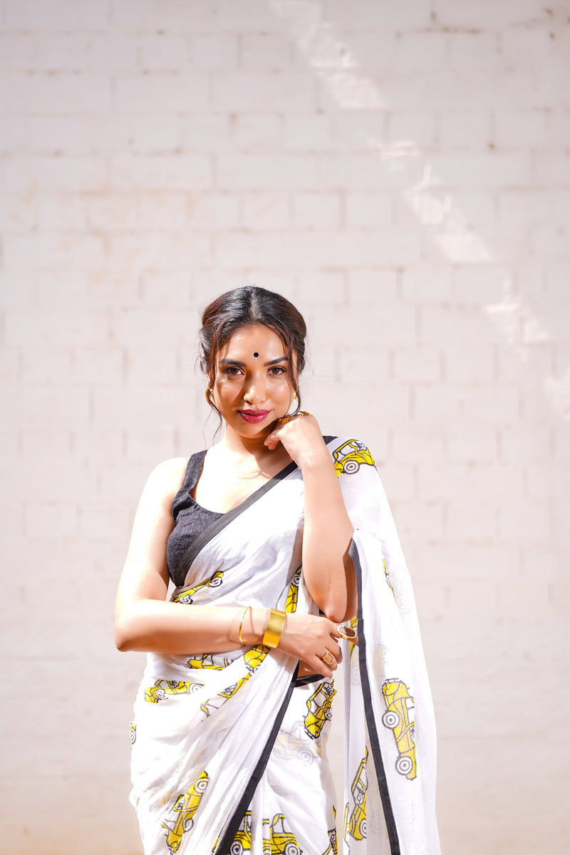 Handblock Printed Saree - White