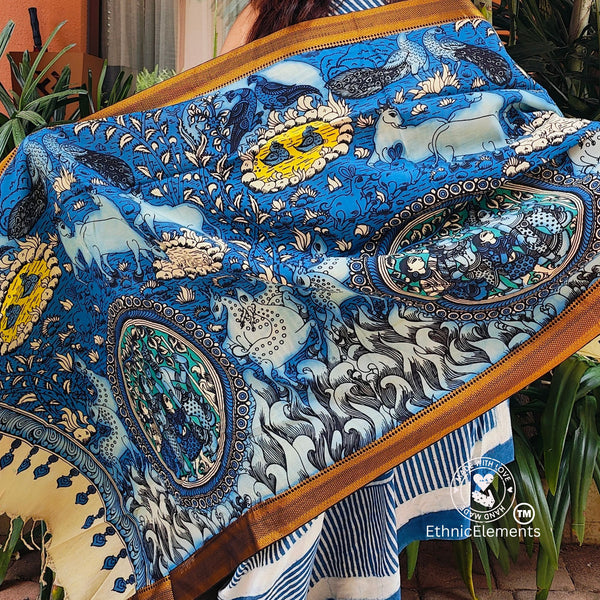 Kalamkari Handpainted Silk Dupatta - Blue Skies