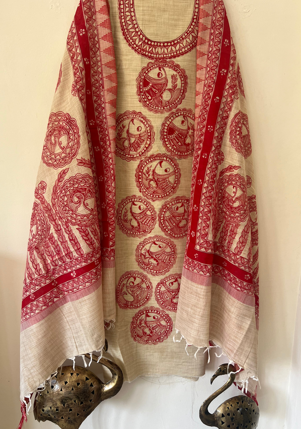 Hand Painted Madhubani Suit - Tinge Of Rose