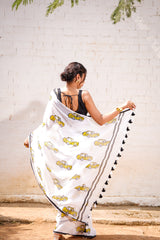 Handblock Printed Saree - White