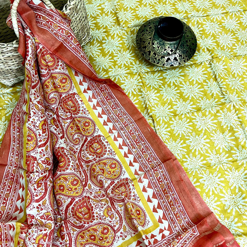 Muga Tussar Silk Suit Set- Yellow & Red