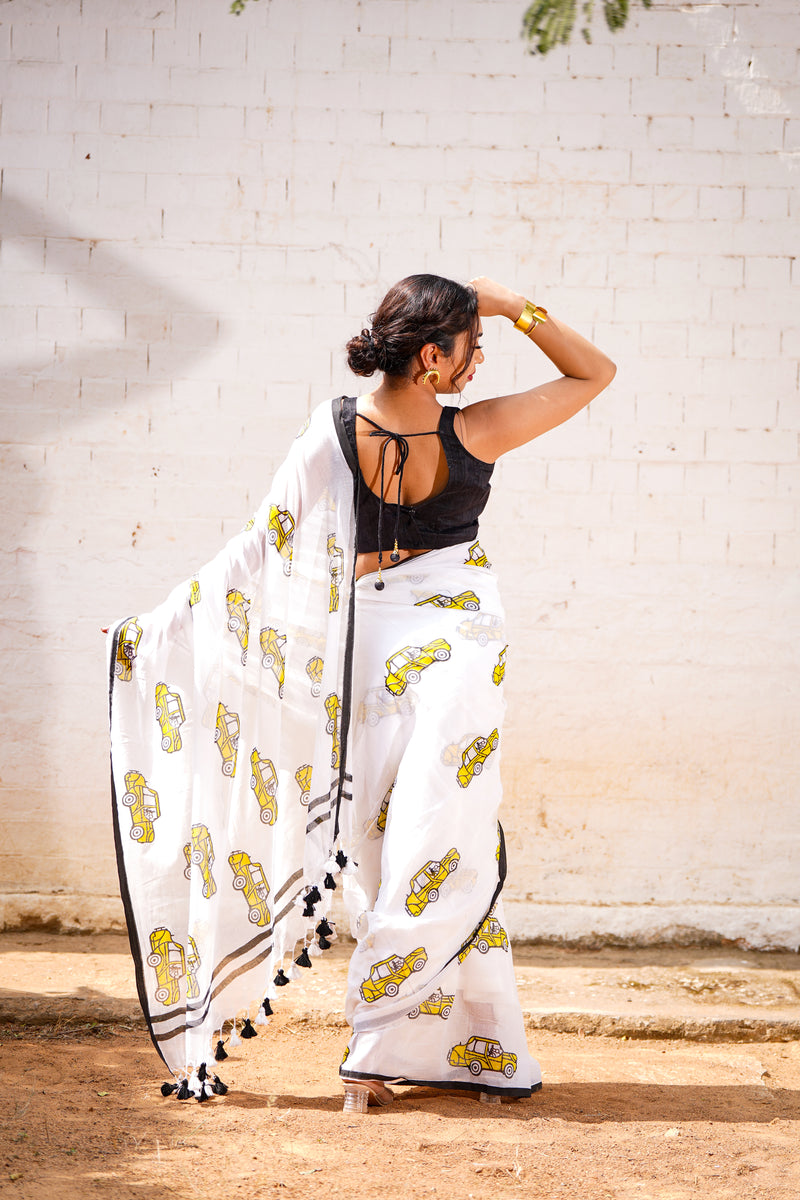 Handblock Printed Saree - White