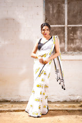 Handblock Printed Saree - White