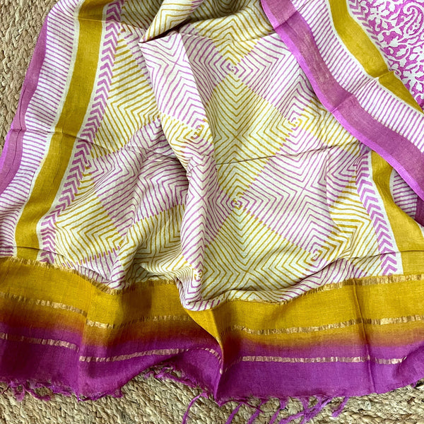 Muga Tussar Silk Suit Set- Pink & Yellow