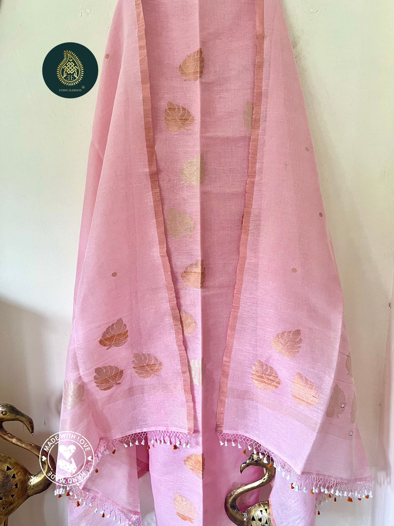 Hand Woven Linen Jamdani Suit Set- Powder Pink