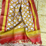 Muga Tussar Silk Suit Set- Red & Yellow