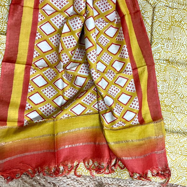 Muga Tussar Silk Suit Set- Red & Yellow