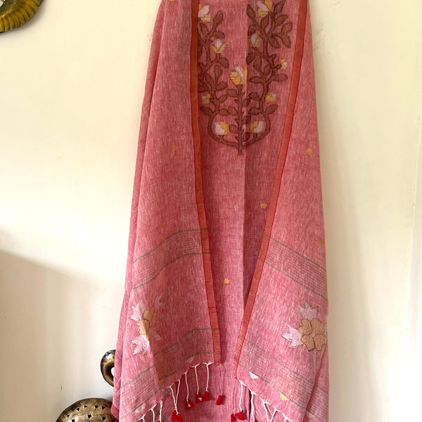 Hand Woven Linen Jamdani Suit Set- Peach Hue