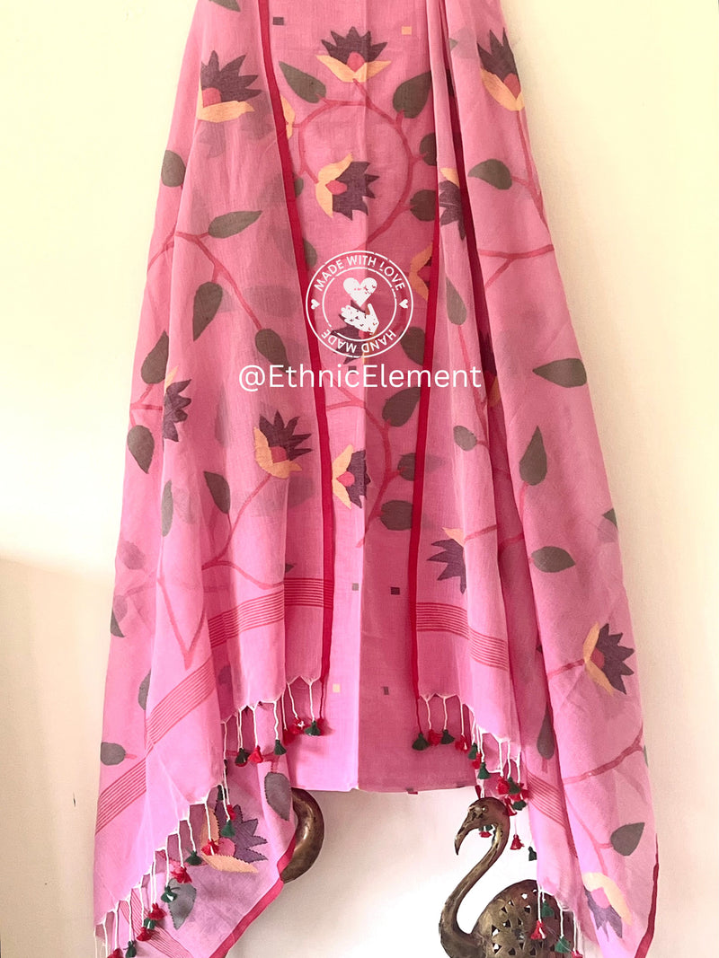 Premium Woven Cotton Jamdani Suit- Pastel Pink