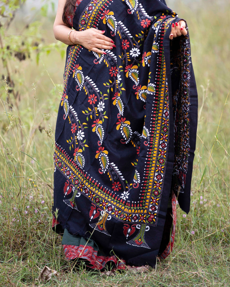 Woolen Handcrafted Kantha Shawl - Black