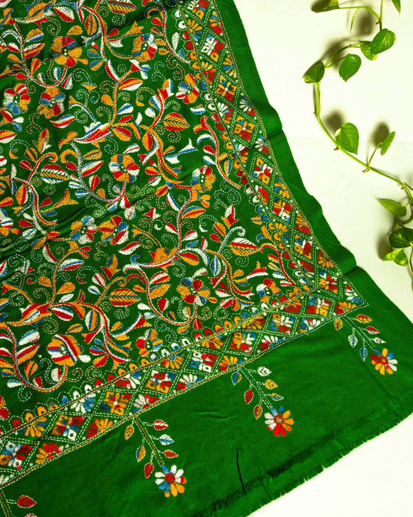 Woolen Handcrafted Kantha Shawl - Green