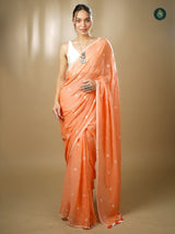 Mul Cotton Embroidered Saree - Shiuli Peach