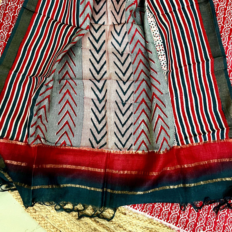 Muga Tussar Silk Suit Set- Red & Black Stripes