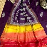 Muga Tussar Silk Suit Set- Purple & Yellow