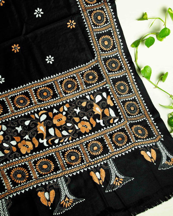 Woolen Handcrafted Kantha Shawl - Midnight Black