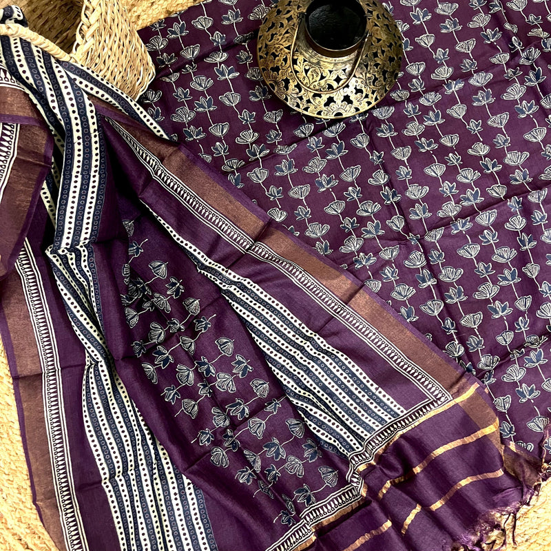Muga Tussar Silk Suit Set- Purple Design 1