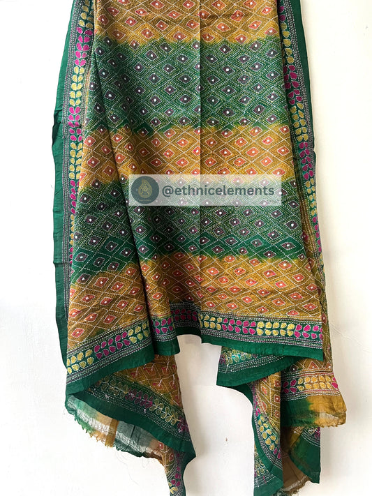 Tussar Silk Dupatta With Kantha Embroidery - Vibrant Meadows
