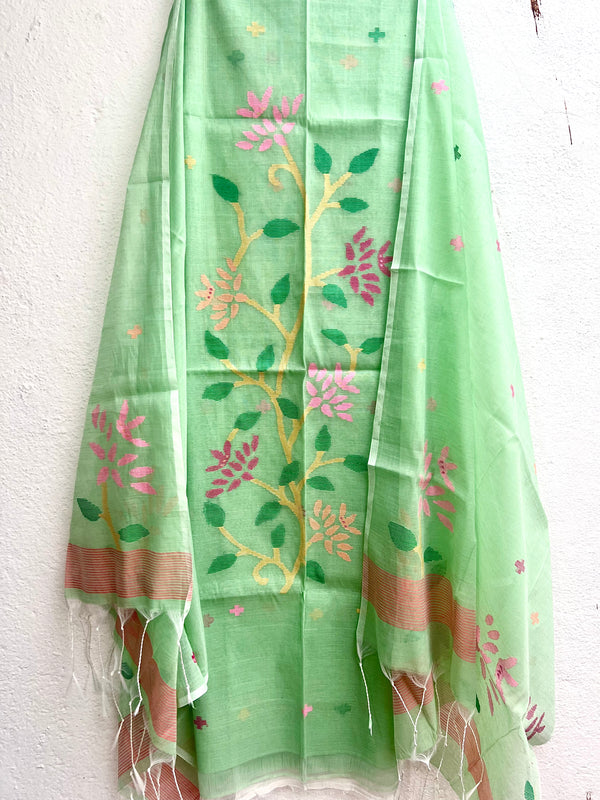 Resham Muslin Jamdani Suit Set - Pastel Green