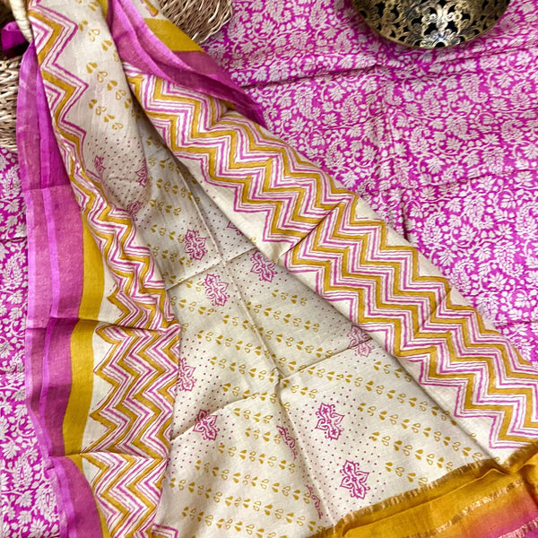 Muga Tussar Silk Suit Set- Pink & Gold
