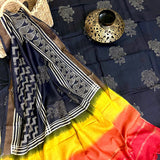 Muga Tussar Silk Suit Set- Yellow & Ink Blue