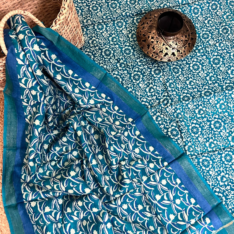 Muga Tussar Silk Suit Set- Greenish Blue