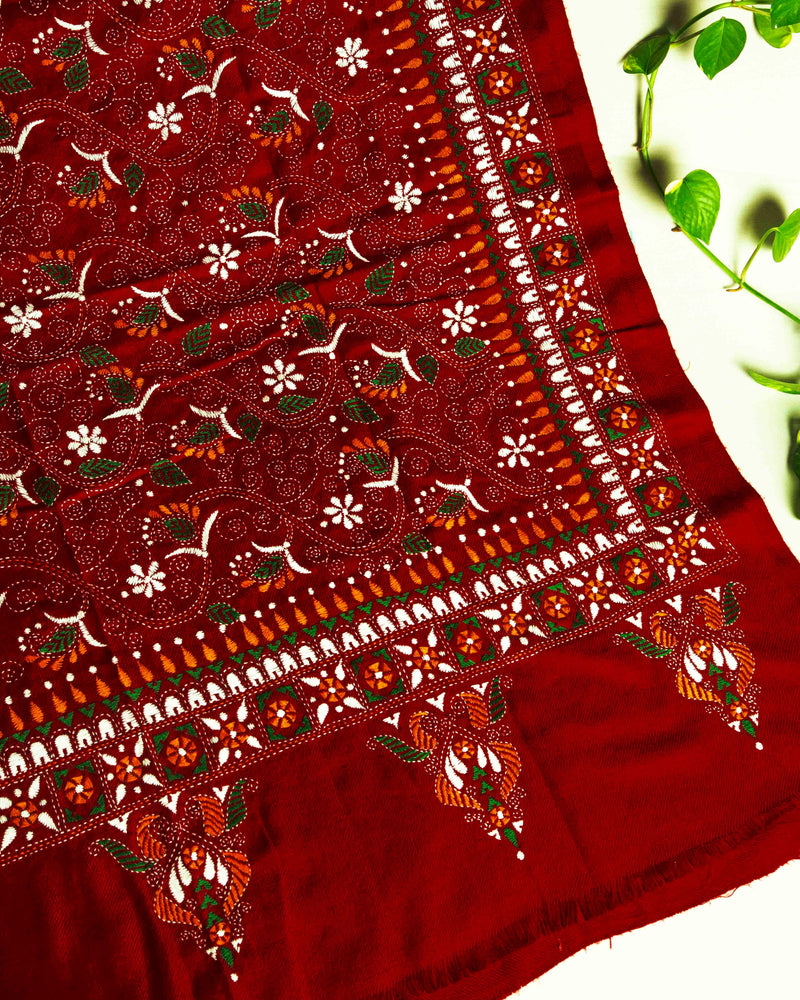 Woolen Handcrafted Kantha Shawl - Blood Red
