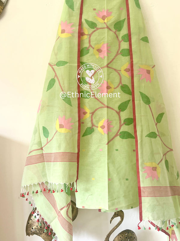 Premium Woven Cotton Jamdani Suit- Faded Pista