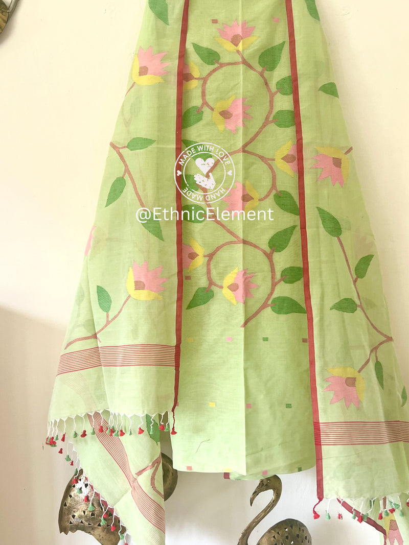 Premium Woven Cotton Jamdani Suit- Faded Pista