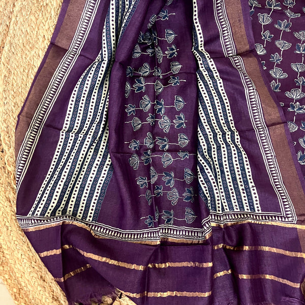 Muga Tussar Silk Suit Set- Purple Design 1