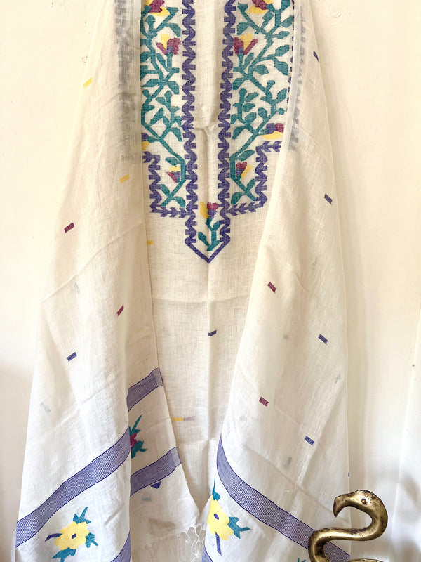 Hand Woven Linen Jamdani Suit Set- Pearl