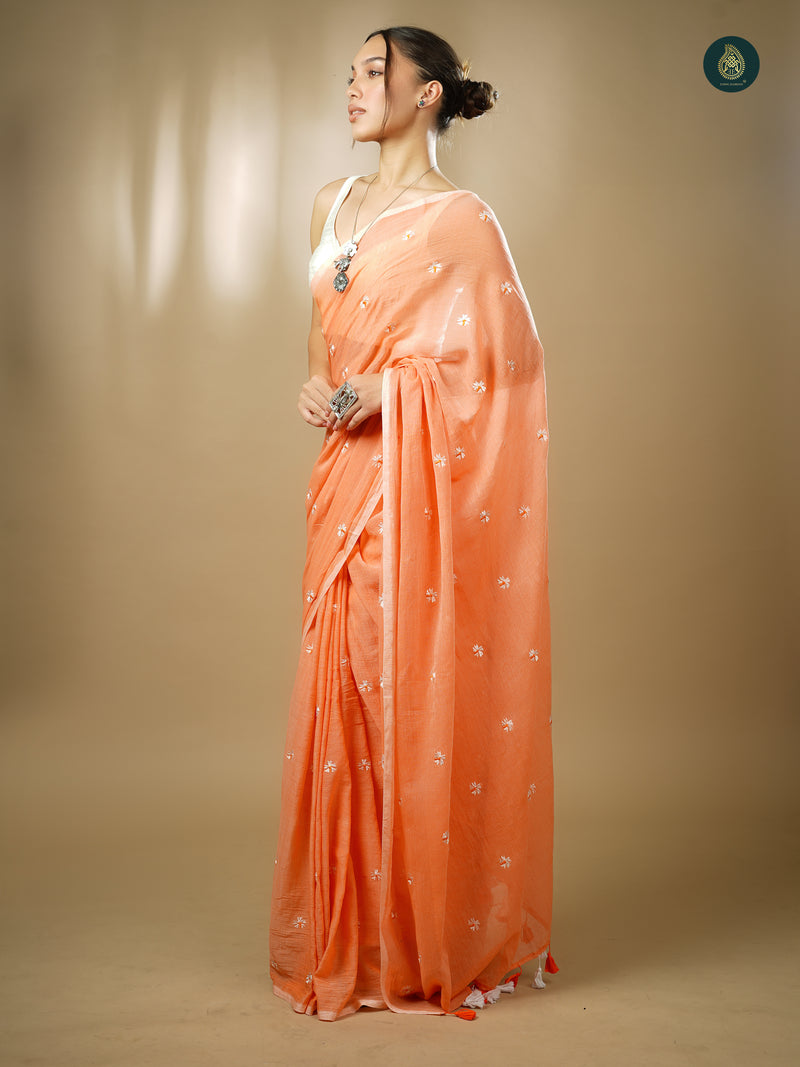 Mul Cotton Embroidered Saree - Shiuli Peach