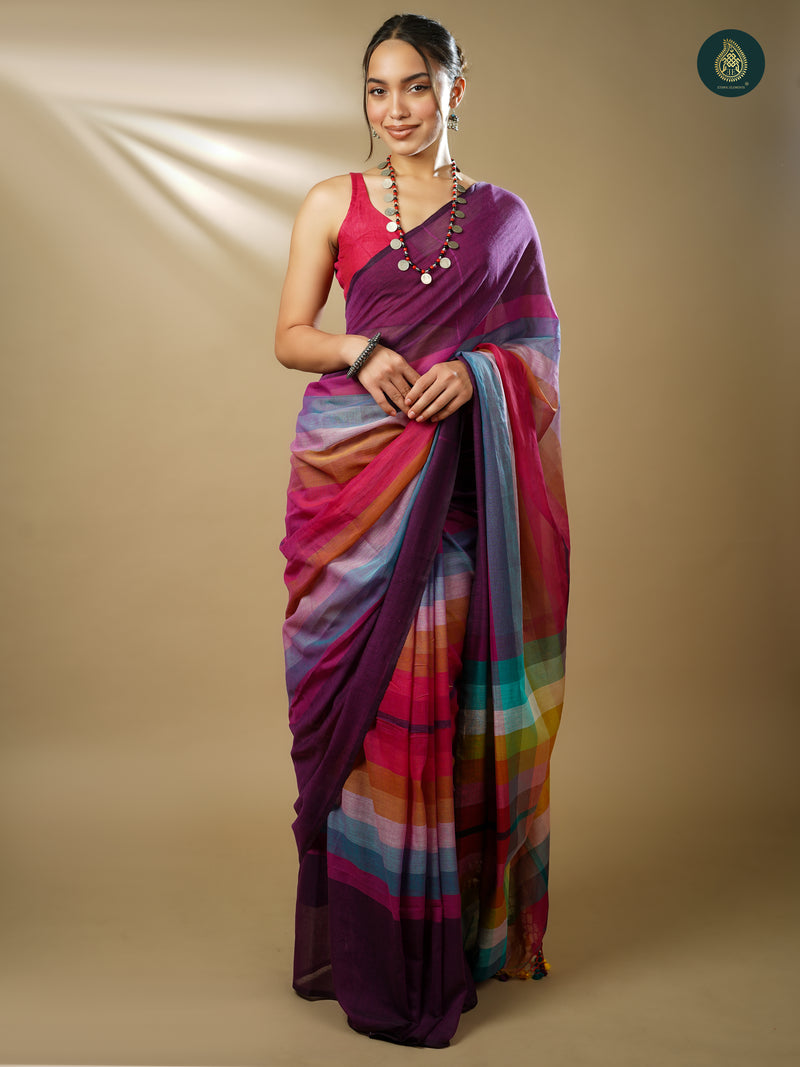 Woven Handloom Cotton Saree - Wine Magic