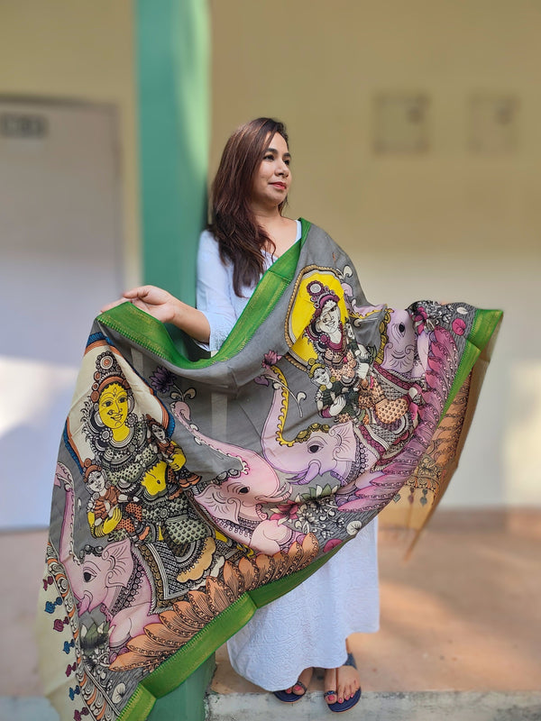 Kalamkari Handpainted Silk Dupatta - Theme 3