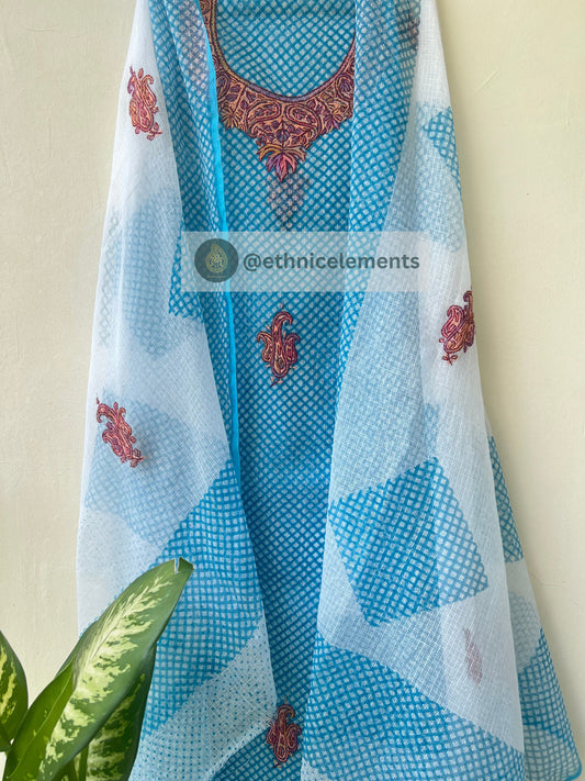 Kota Doria Cotton Suit Set With Kashmiri Work - Touch Of Sky