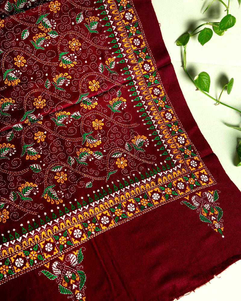 Woolen Handcrafted Kantha Shawl - Maroon